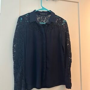 Zara Blue Long Sleeve Lace Blouse